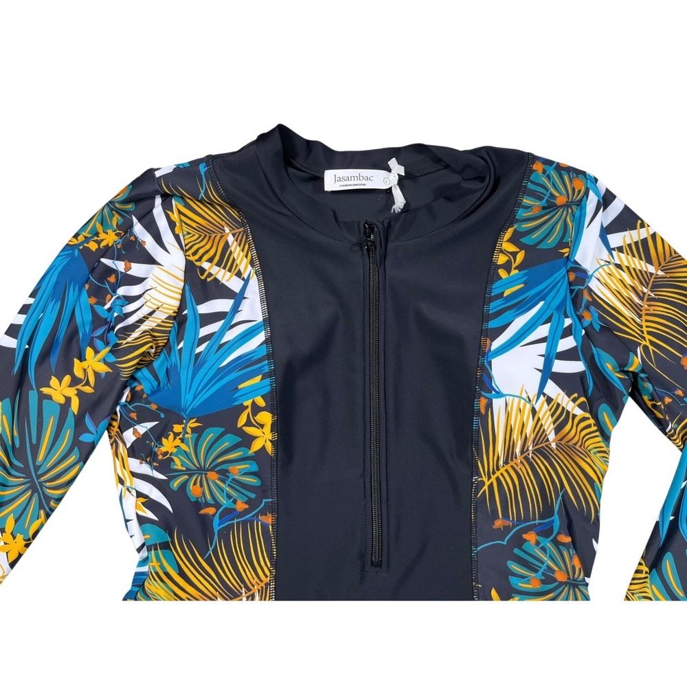 Jasambac Large Long Sleeve Swim Dress Tropical Print One Piece Padded Bra - Picture 2 of 3